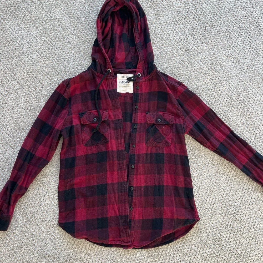 Garage Maroon and Black Plaid Hooded Shirt